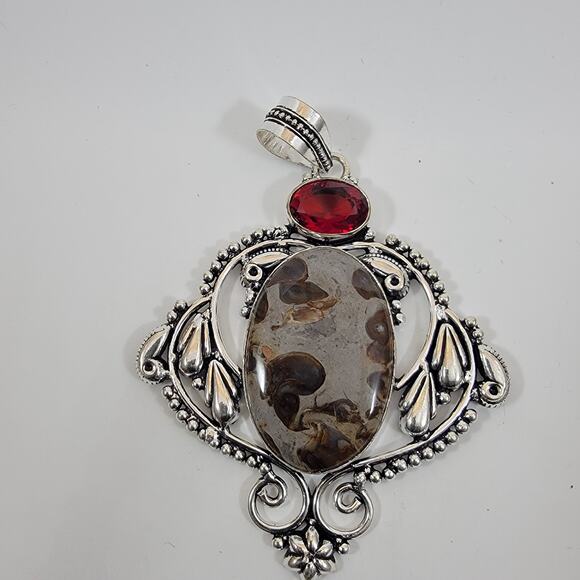 Handmade Silver Pendant with Fossil Coral and Red Garnet Accent - Picture 10 of 10